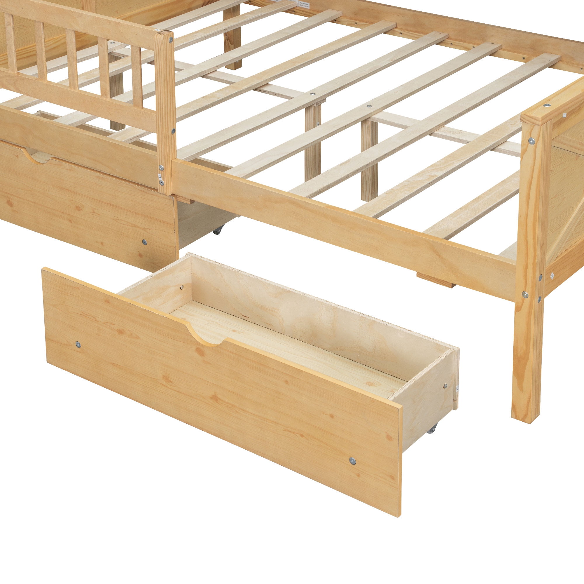 Duxelifin Full Kids Platform Bed with Storage Drawers & Shelves, House Platform Bed Frame with LED and Guardrail for Kids, Natural