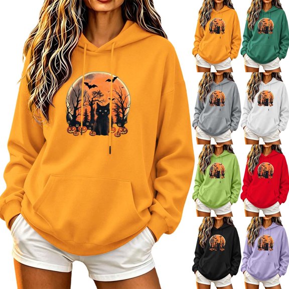 DIOAZUD Halloween Sweatshirts Women Spooky Ghost Graphic Pullover Hoodies Stretch Loose Fit Long Sleeve Sweater Tops Halloween Costumes