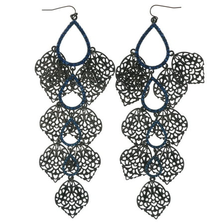 - Gunmetal Finish French Hook Dangle Earrings Bright Blue Crystal Accents