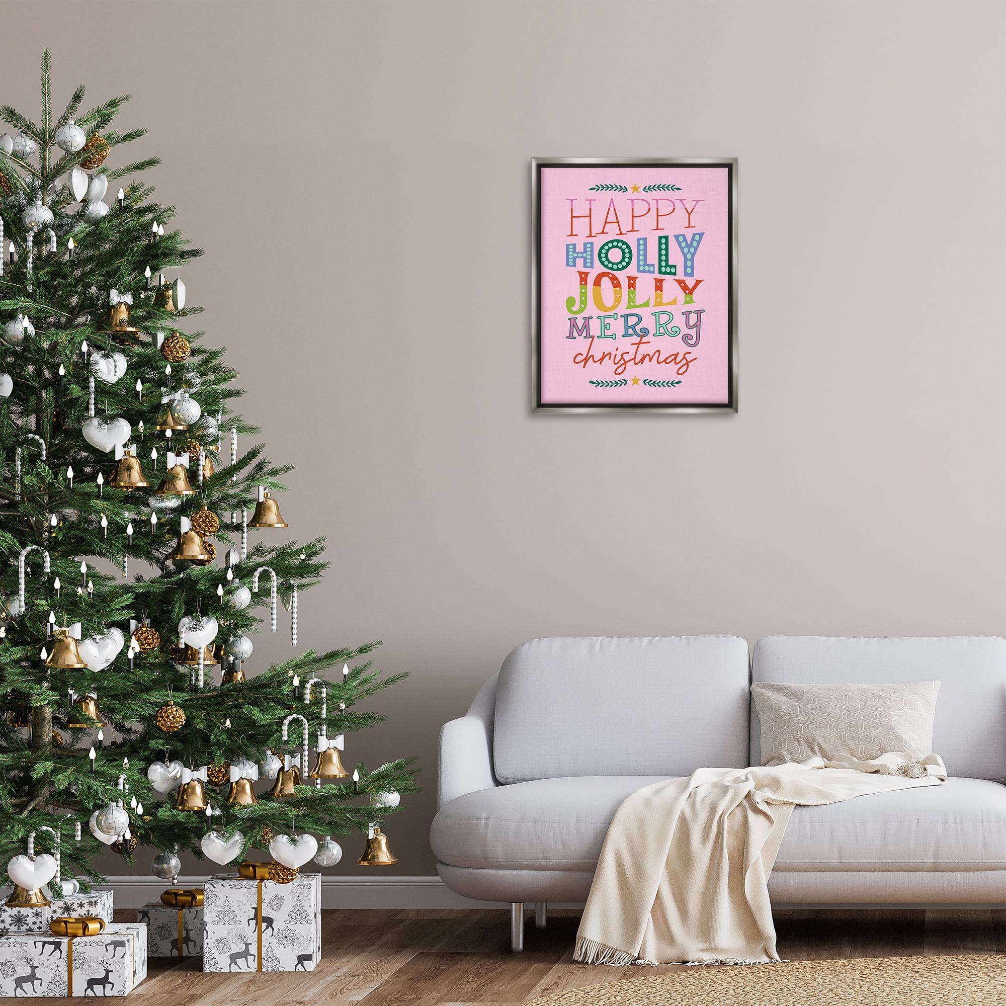 Stupell Industries Happy Holly Jolly Xmas Holiday Painting Gray Floater Framed Canvas Art Prints Wall Art, 25 x 31