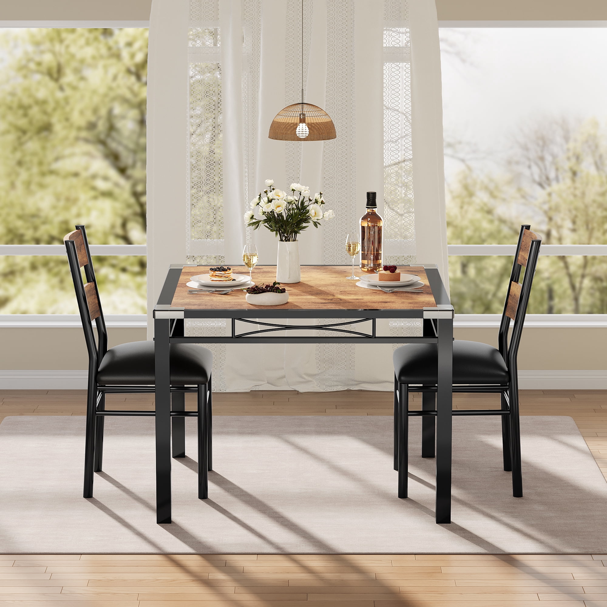 Space-Saving Dining Table Set – 3-Piece Compact Bistro Furniture with 2 Upholstered Chairs, Durable Wood Table, Ideal for Apartments & Breakfast Nooks, Rustic Vintage Style – Vintage Color, 1+2