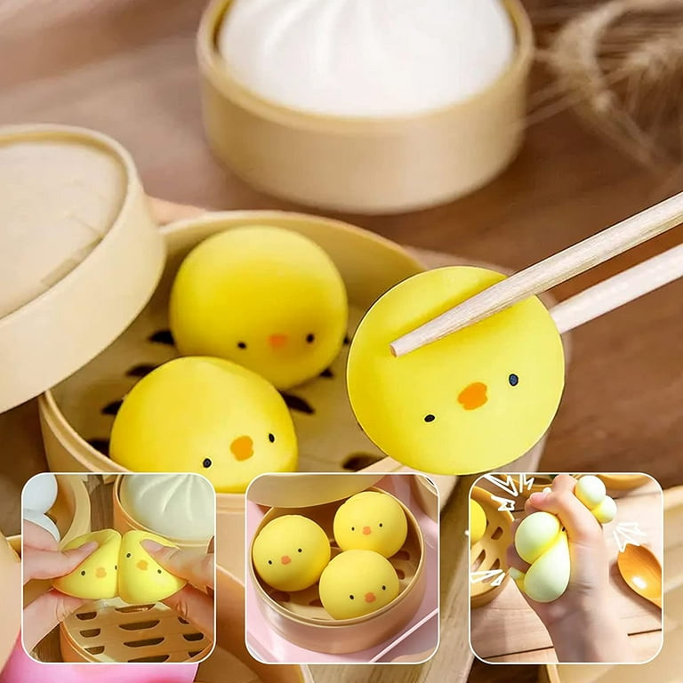 Lemikkle 3pcs Chick Squishy Stress Balls for Adults, Cute Dumpling Fidgets Toys Anxiety Relief Items Stuffed Chick with Steamer, Dumpling Stress Ba