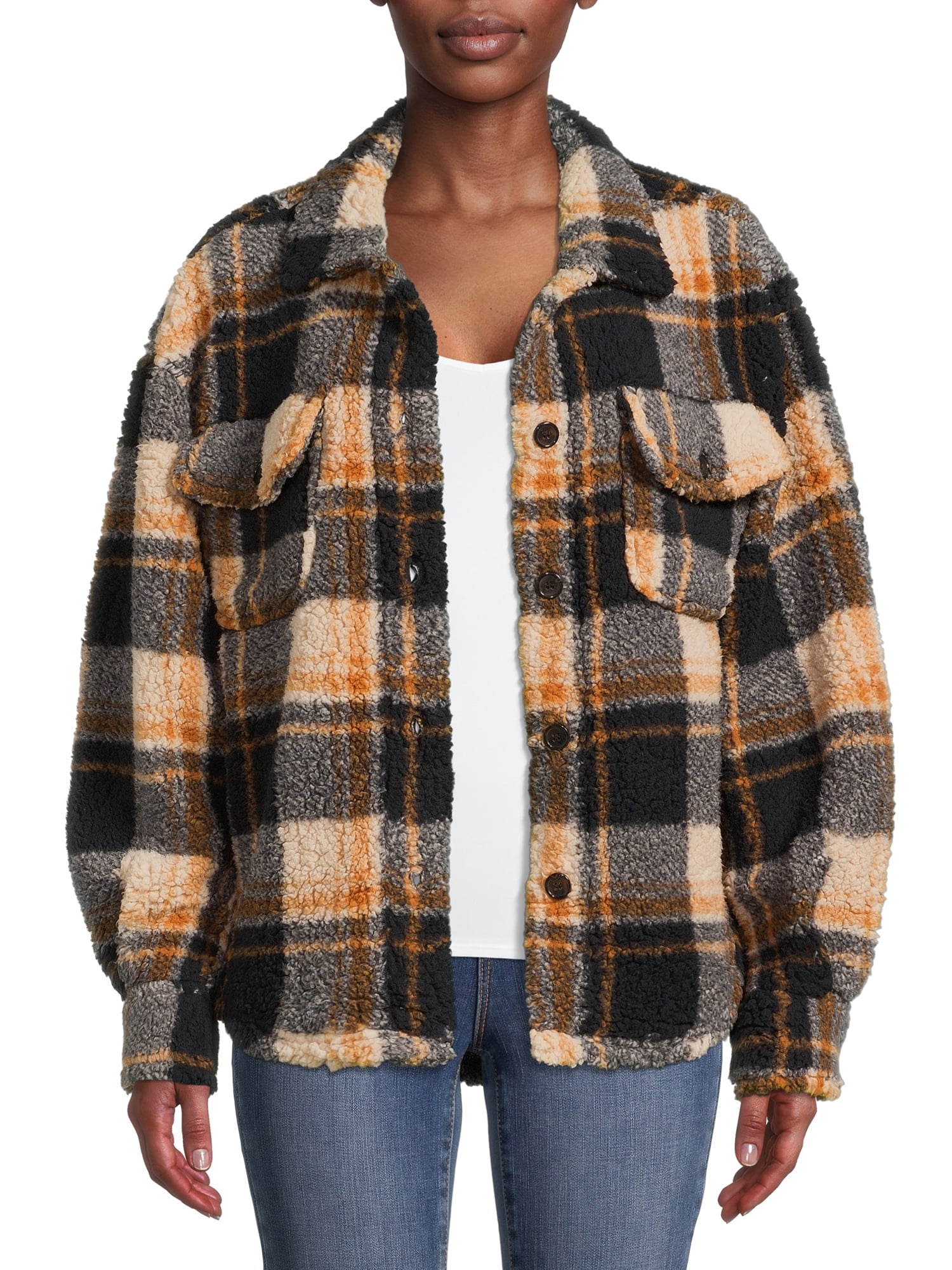 Almost Famous Juniors’ Printed Faux Sherpa Shacket - Walmart.com