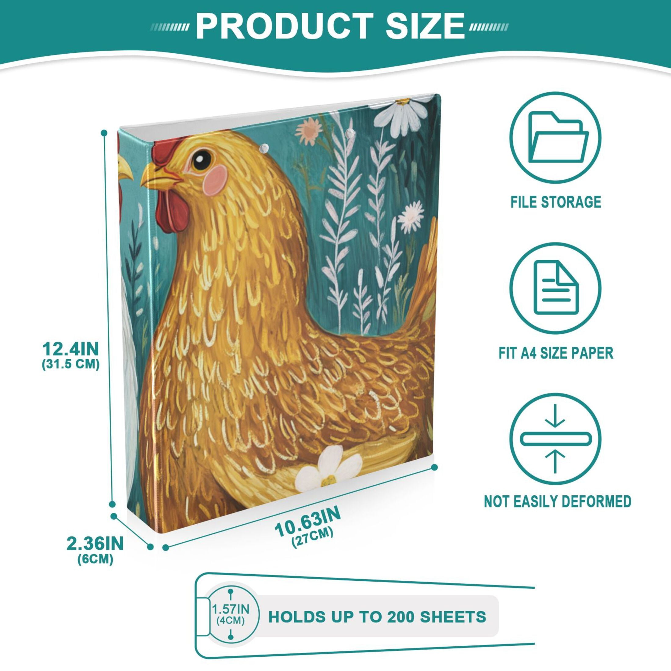 Chickens Flowers Green 3 Ring Binders 1.5 inch Hardcover File Folders with Interior Pockets A4 Size Organizer for School Office Hospital