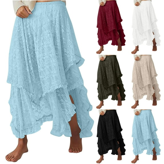 QATAINLAV Women's Floral Lace Long Skirts Elastic Asymmetrical Layered Hem Maxi Skirts Solid Sheer Beach Cover Ups, Wine, L, Gifts for Mom