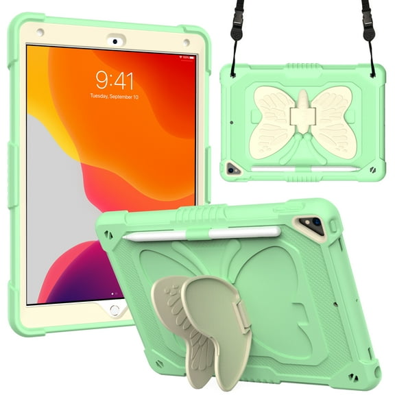 Compatible with iPad mini 6/mini 2024, Case for Kids Boy Girl Gift, Cute Butterfly Wings Kickstand Shockproof Silicone Heavy Duty Rugged Cover with Shoulder Strap - Green Beige