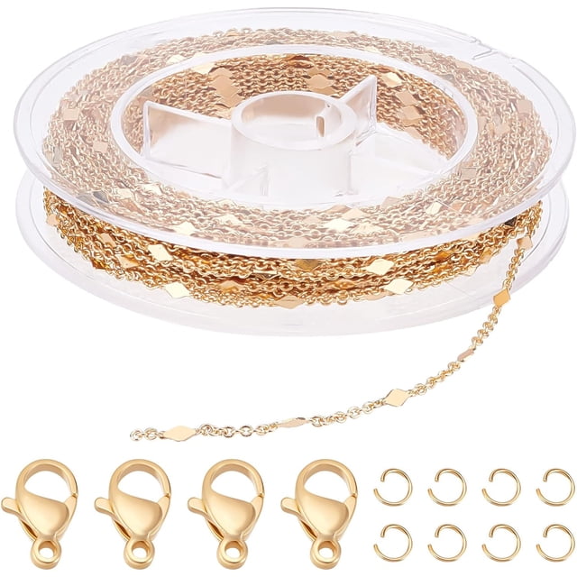 Cadenas de eslabones rombo chapadas en oro de 18 quilates de 33 pies con 20 cierres de pinza de langosta y 50 anillas de salto para hacer collares, pendientes y pulseras.