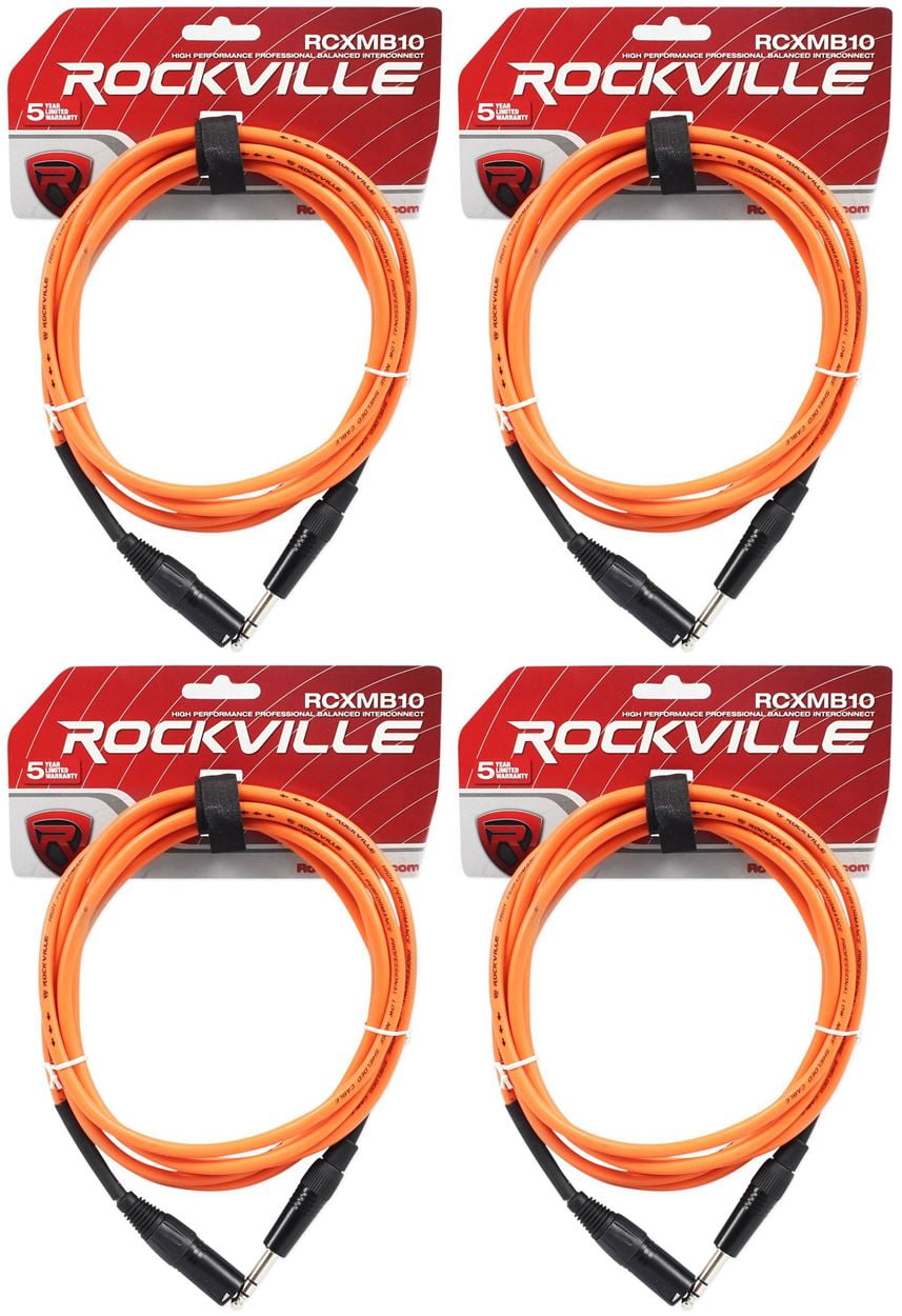 Rockville RCXMB10-O 10 Ft XLR Male to 1/4 Inch TRS Cable, 24 AWG OFC, Spiral Shield, Orange, for Audio Connections, 4-piece