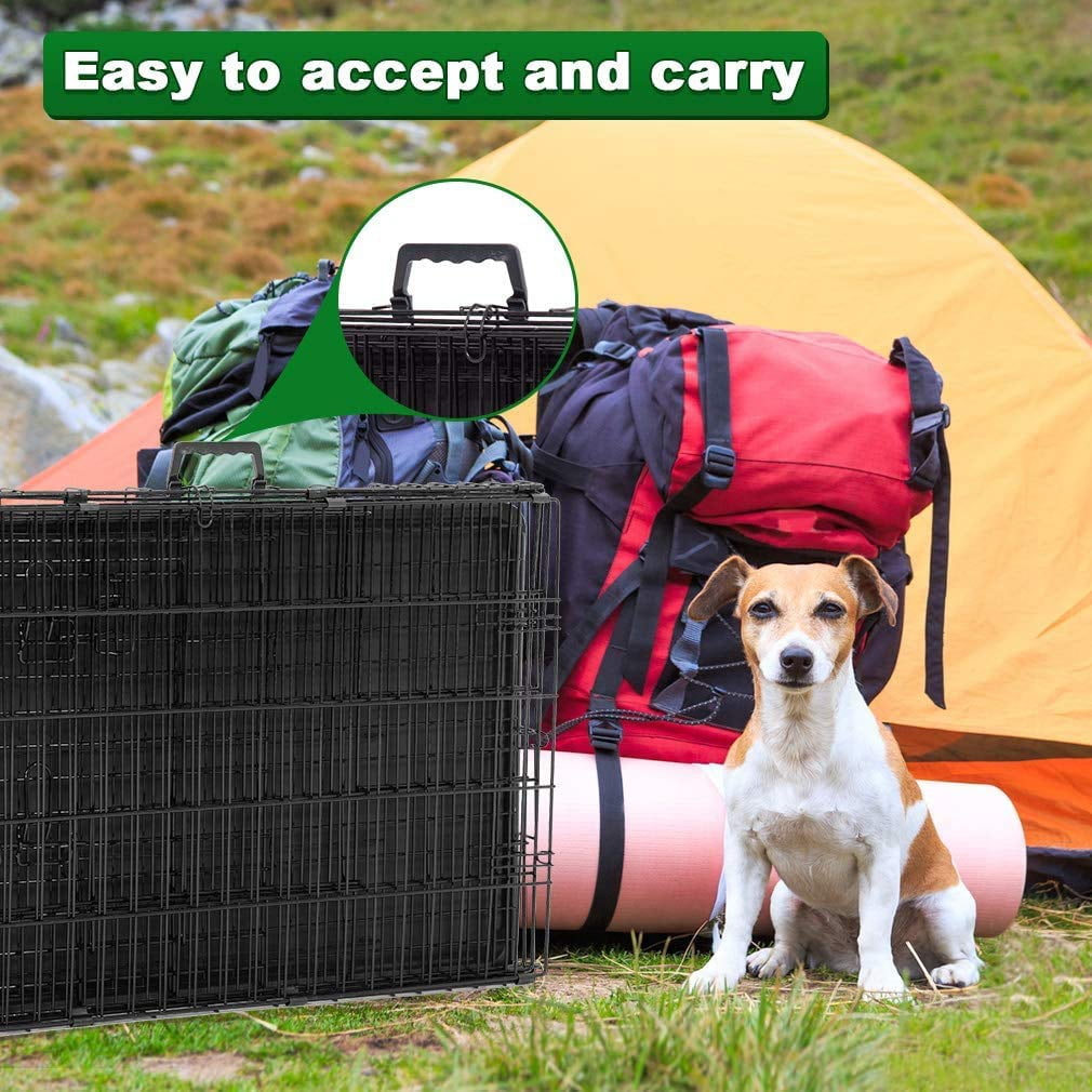 42-Inch Large Dog Crate Metal Wire Kennel for Indoor Outdoor Use, Foldable Pet Cage with 2 Doors Safety Lock, ABS Tray and Handle, Black