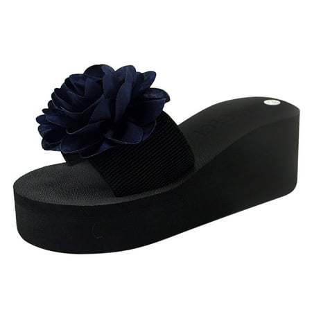 

Women Slippers Women s Bohemia Flower Home Outdoor Wedges Beach Shoes Sandals Slippers Navy 8.5