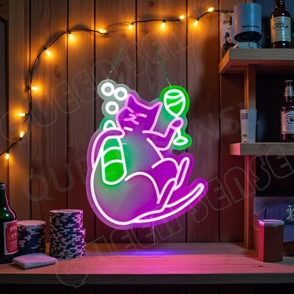 Queen Sense 16"x12.5" Drunk Cat LED Neon Sign for Wall Decor Dimmable USB Powered LED Light W116DC-5VLED