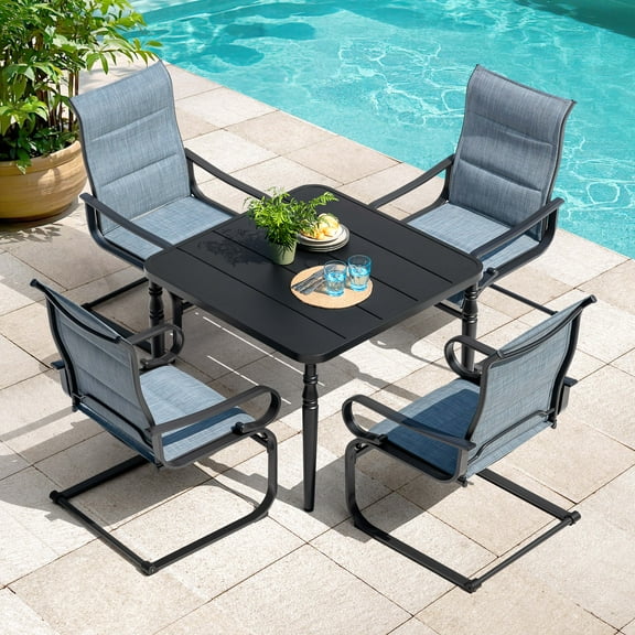 Nuu Garden 5-Piece Outdoor Dining Table Set, 37'' Square Metal Table with Umbrella Hole and 4PCS Padded Textilene Metal C-Spring Patio Chairs, Powder-Coated Patio Outdoor Furniture, Black