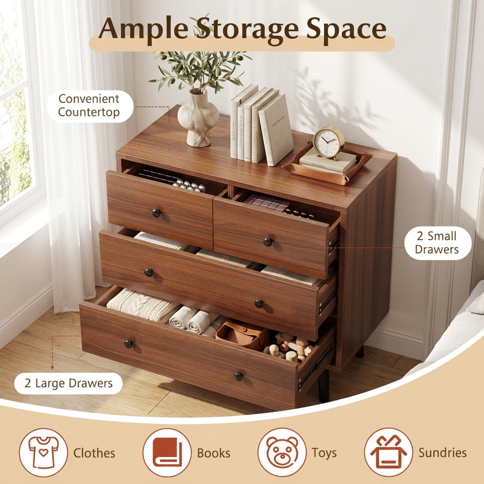 Furnibear Wide Wooden Dresser with 4 Drawers for Bedroom Living Room for Bedroom Closet Living Room Nursery Clothes Storage, Walnut