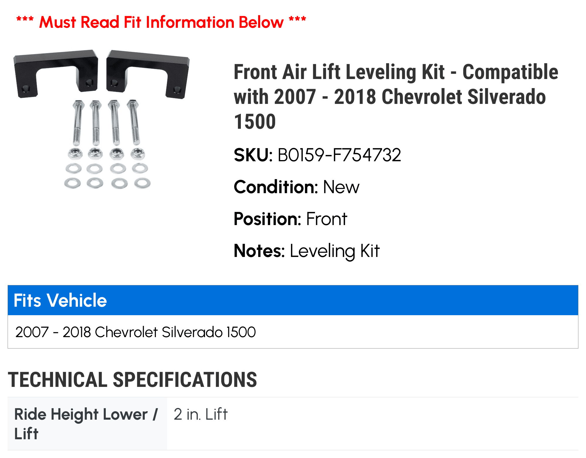 Front Air Lift Leveling Kit - Compatible with 2007 - 2018 Chevy Silverado 1500 2008 2009 2010 2011 2012 2013 2014 2015 2016 2017