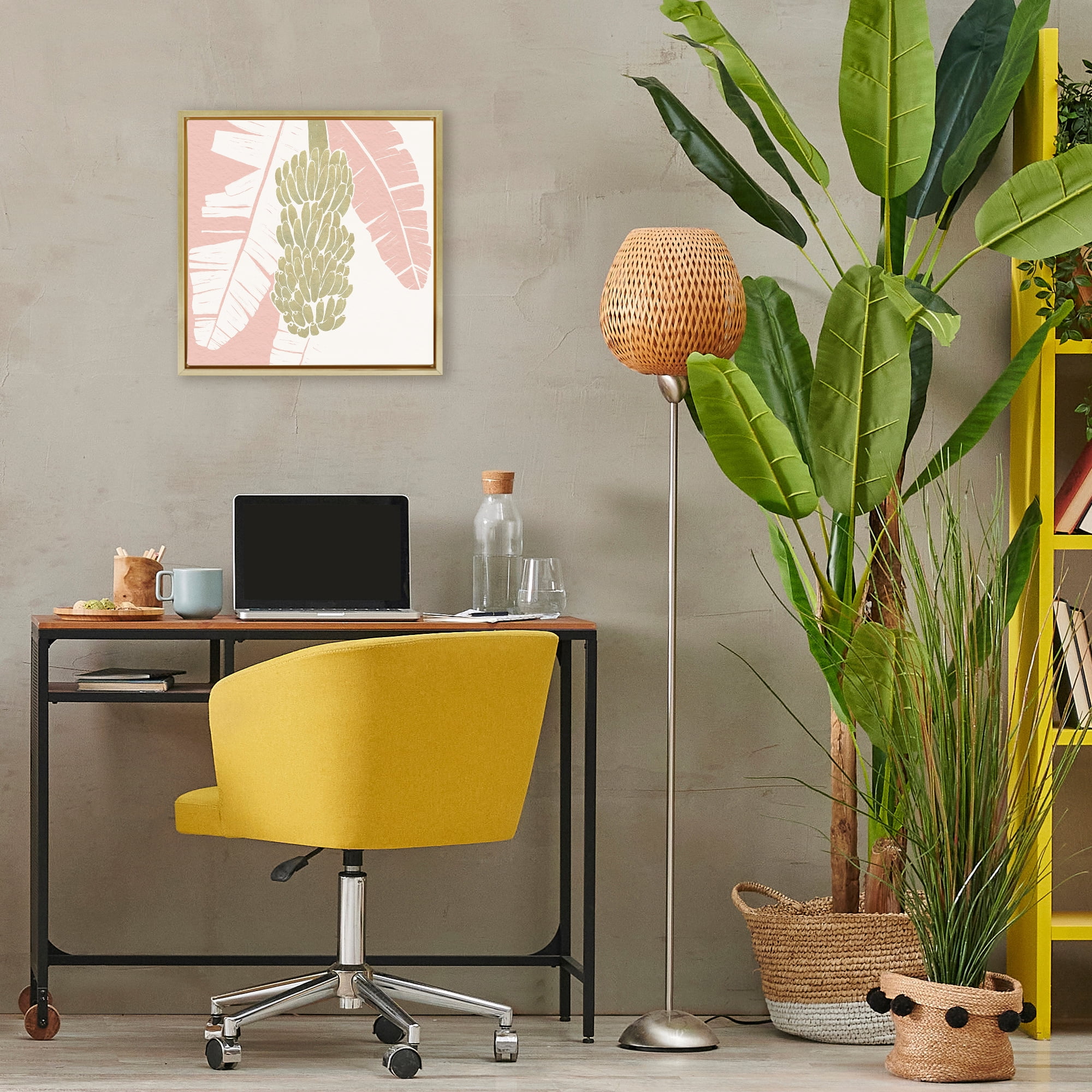 Stupell Industries Banana Bunch Amid Pink Leaves Gold Framed Floater Canvas Wall Art, design by Yuyu Pont