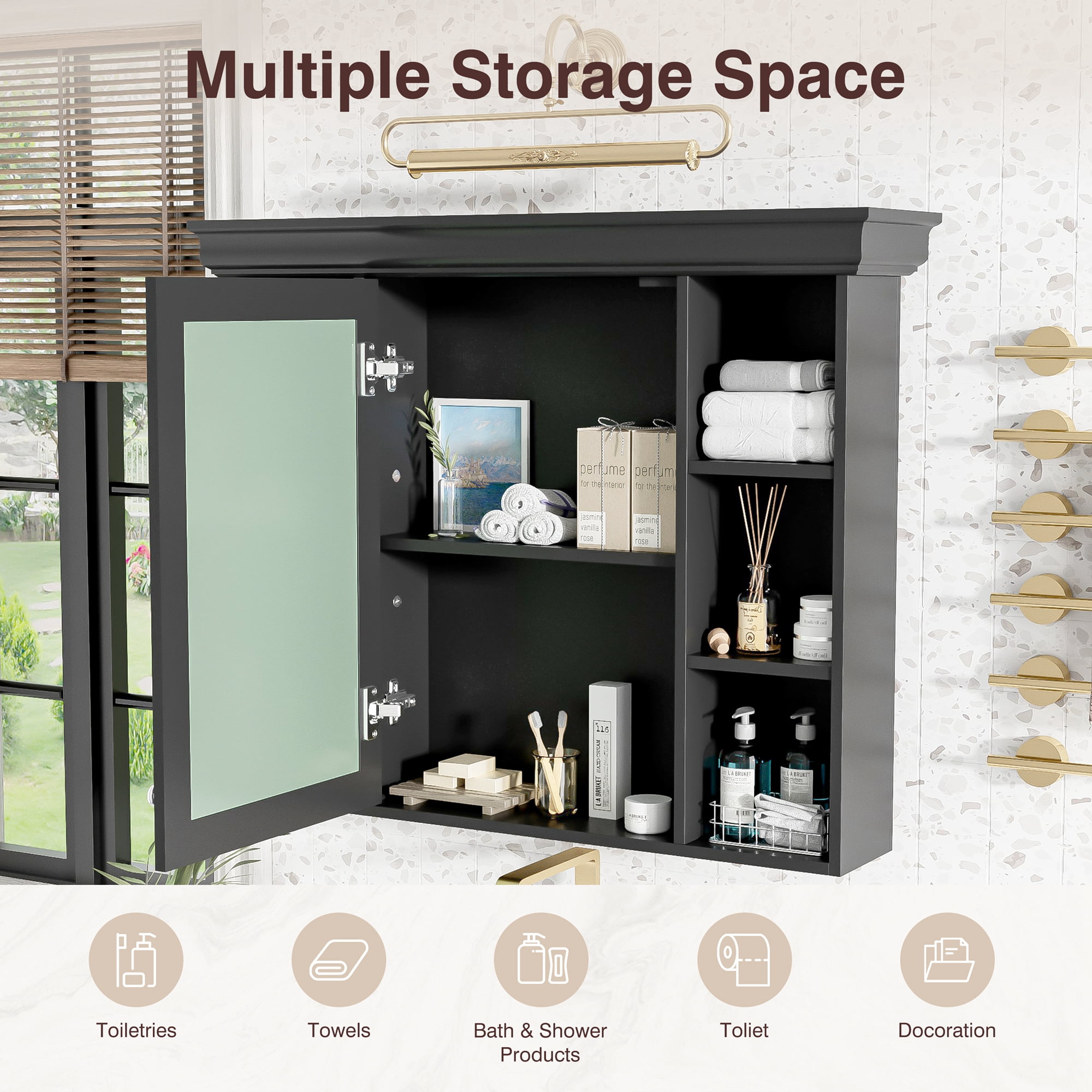 Euroco Wall Mounted Bathroom Storage Cabinet, 35'' x 28'', Black