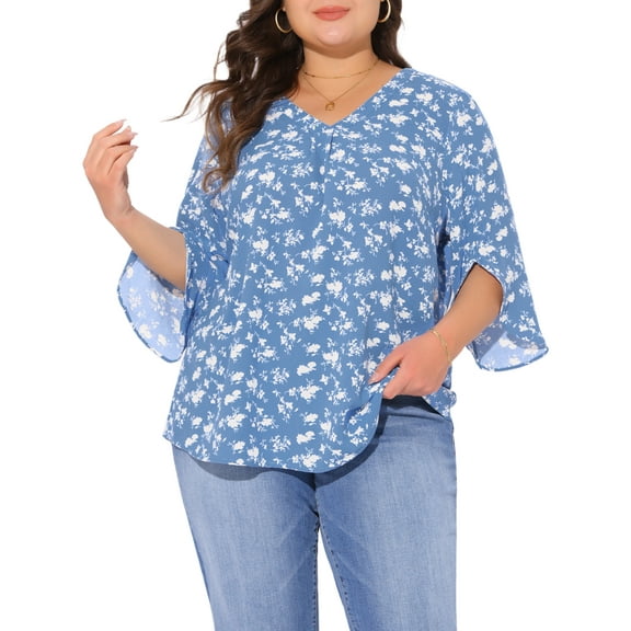 DARING DIVA Women's Plus 3/4 Sleeve V Neck Chiffon Work Blouse 1X Blue