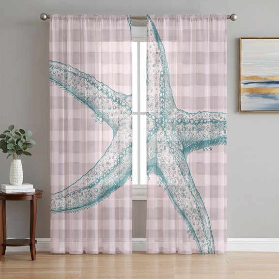 Teal Starfish Coastal Sheer Curtains 72 Inch Length 2 Panels Set, Grey Buffalo Plaid Summer Beach Voile Window Treatment Rod Pocket Curtains Sheers Drapes for Bedroom/Living Room/Kitchen 52"x72"x2