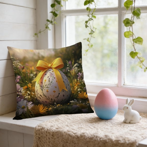 Easter Pillowcase 18x18 Inch Bunny and Egg Floral Cushion Cover Spring Sofa Decorative Throw Cover for Home Couch Bedroom Living Room Holiday Decor
