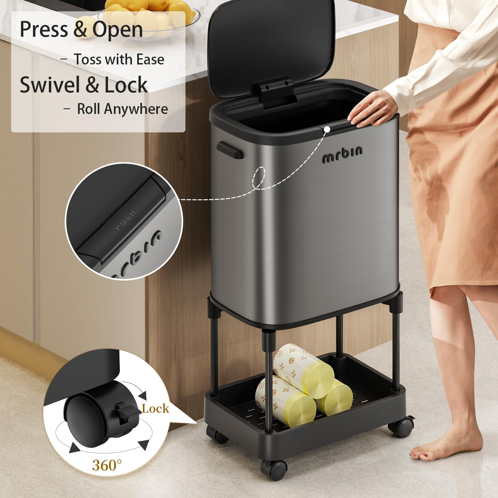 MRBIN Stainless Steel Tall Kitchen Trash Can with Shelf and Wheels, High Legs 36L / 9.5gal Press Top Narrow Waste Basket, Slim Lidded Litter Garbage Bin Pet Proof for Vanity, Bedroom, Eclipse Grey