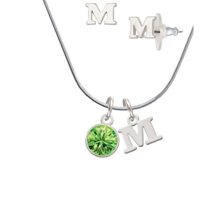 10mm Lime Green Oktant Crystal Drop – M Initial Charm Necklace and Stud Earrings Jewelry Set