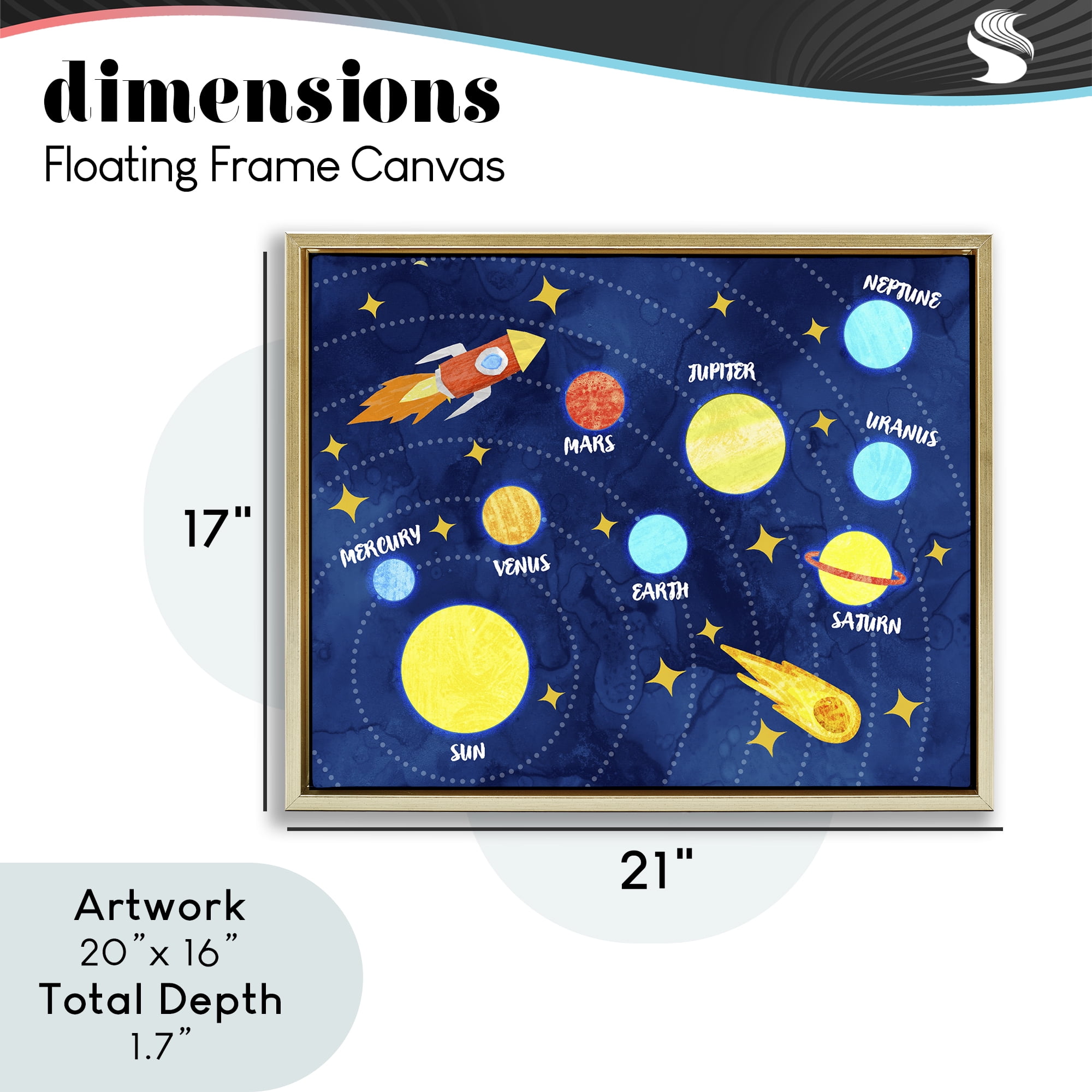Rocket Across Solar System Gold Framed Floater Canvas Wall Art, design by Daphne Polselli