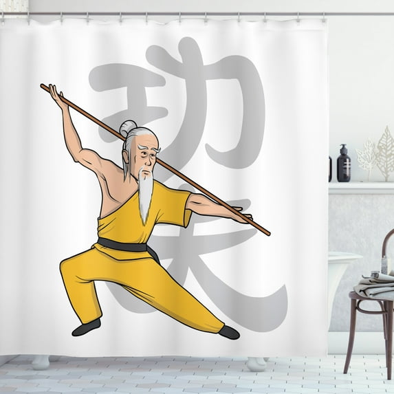 Kung Fu Shower Curtain, Ethnic Themed Image with Practicing Master Mentor Print, Fabric Bathroom Set with Hooks, 69W X 75L Inches Long, Earth Yellow Pale Grey Peach and White, by Ambesonne
