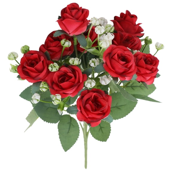 Artificial Red Rose Bouquets, Realistic Silk Mini Roses with Baby’s Breath & Green Leaves, Fake Flower Bundles for Wedding, Home Decor, Floral Arrangements, Party Centerpieces, Indoor Use
