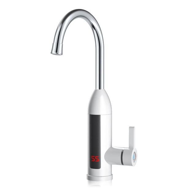 Calentador de agua Eléctrico 3000W 220V / 110V Mezclador de frío caliente IPX4 Grifo a prueba de agua Pantalla digital LED Grifo de lavabo de Juegos de accesorios de baño Blanco enchufe de la UE Yuarrent HA012271-01B