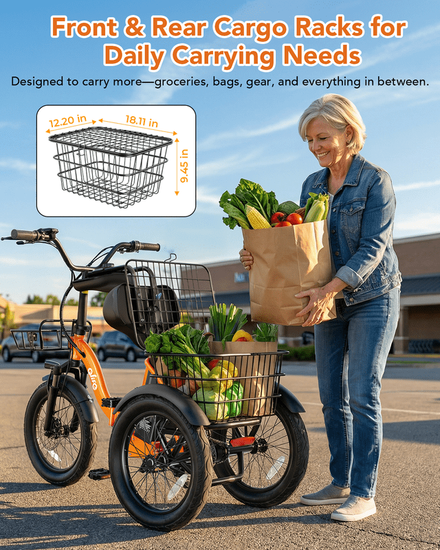 Actbest Electric Tricycle for Adults, 18" Folding Electric Trike, Peak 1200W Motor 48V 10.4AH Etrike, 18MPH Up to 50 Miles 3-Wheel Electric Bike with Mirror and Phone Bag (Orange)