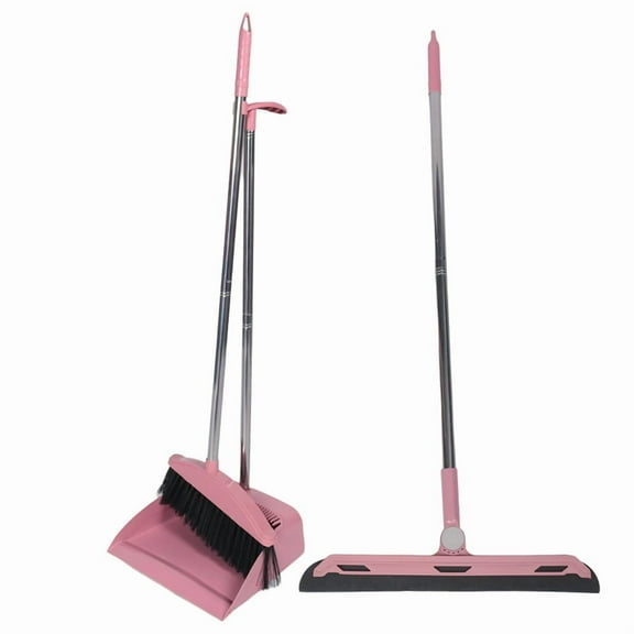 Dustpan Broom Set Floor Wiper Household Cleaning Long Handle for Lobby Kitchen Pink