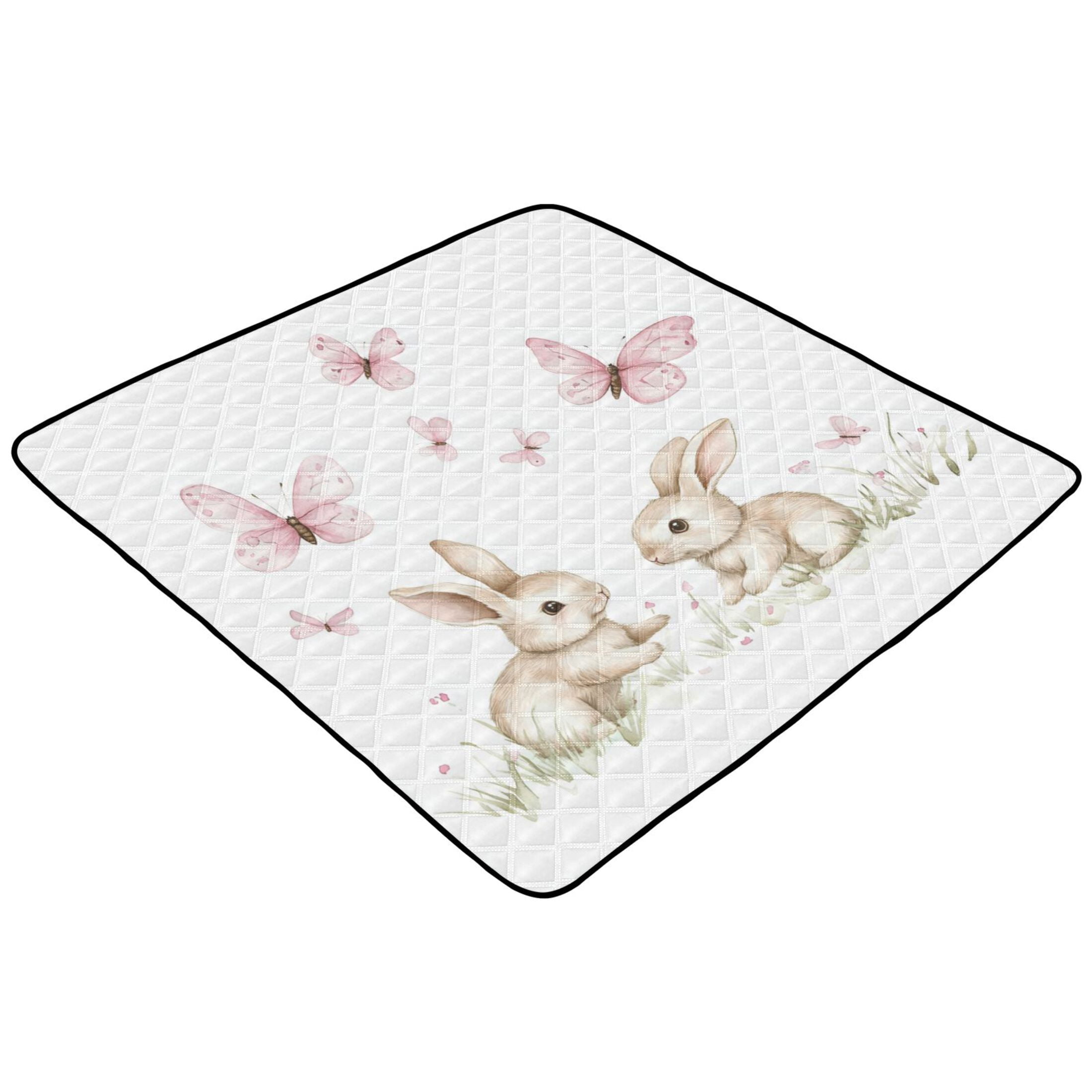 WOBOGO Rabbits Playing with Pink Butterflies Baby Playmats Extra Large Waterproof Rollable Activity Pads for Toddlers 50×50inch