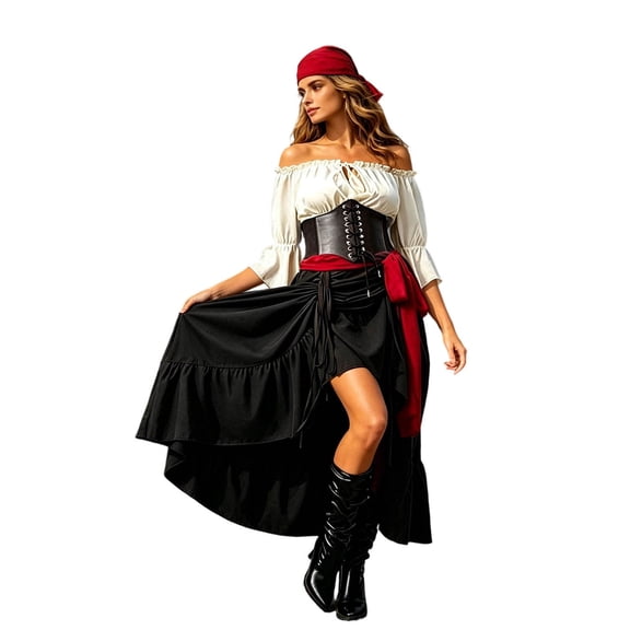 Trendfront Womens Halloween 5 Piece Pirate Costume Dress Off Shoulder Puff Sleeve Lace Up High Low Party Dress
