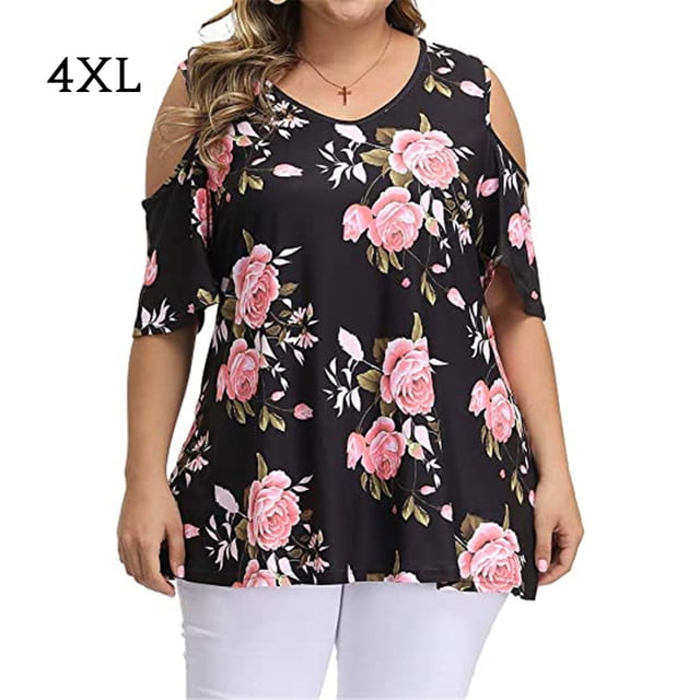 Camisa de mujer Blusa de manga corta con hombros descubiertos y estampado floral, negro, 4XL Monstrate AP002473-04