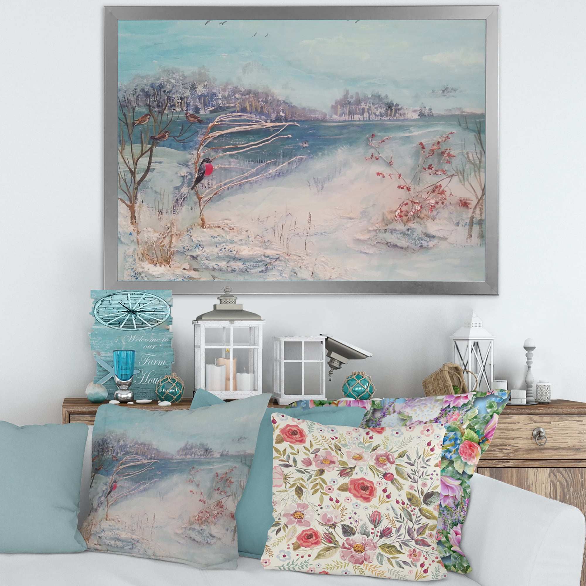 Designart 'Birds and Winter Trees By River' Lake House Framed Art Print
