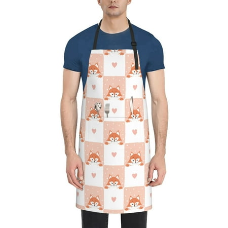 

Xecao love plaid fox Print Kitchen Cooking Aprons Waterproof Adjustable Bib Aprons with 2 Pockets for Women Men Chef