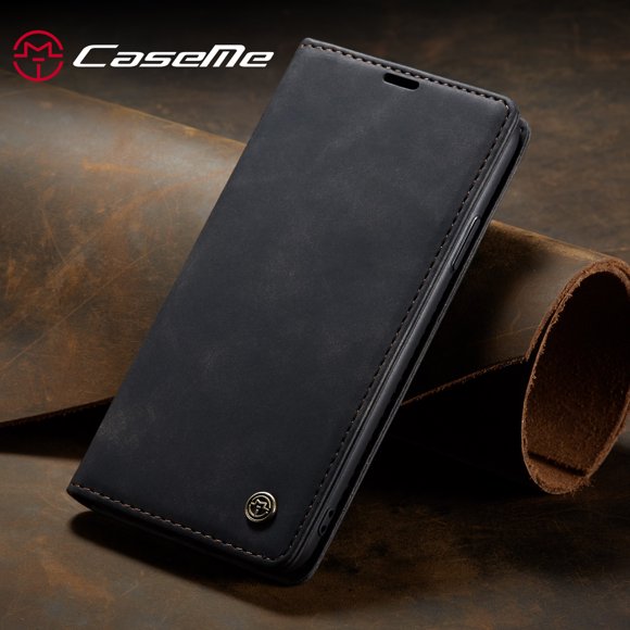 CaseMe Wallet Case Anti-Fall Retro Handmade Leather Magnetic Case Card Slot for iPhone 13 Pro Max (Black)