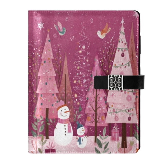 9.2x6.7 inch Leather Notebook 100 Sheets, Multi-Pocket Design & Pen Loop Pink Christmas Forest Refillable Journal Organizer