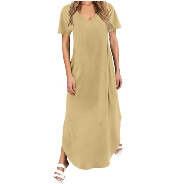Vestido Corto para las Mujeres de Verano Color Sólido Cuello en V Vestido de Bolsillo de Manga Corta, Vestido de Verano Casual de las Mujeres para las Salidas de Primavera