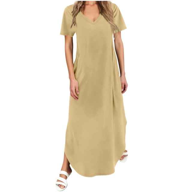 Vestido Corto para las Mujeres de Verano Color Sólido Cuello en V Vestido de Bolsillo de Manga Corta, Vestido de Verano Casual de las Mujeres para las Salidas de Primavera