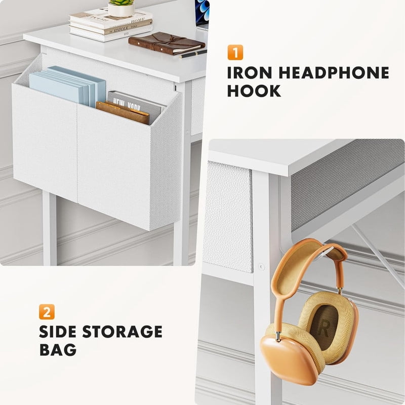 Kelno 32 Inch Computer Desk with 2 Fabric Drawer Storage Bag Iron Headphone Hook Vanity Writing Table, White