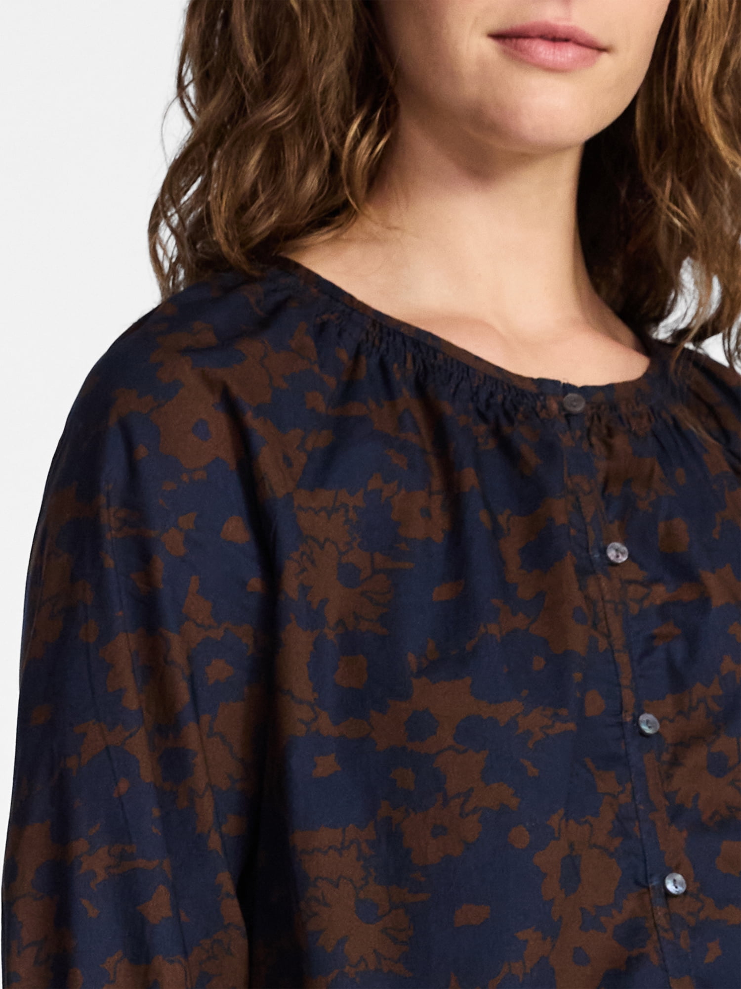 Time and Tru Women's Cotton Button Front Blouse with ¾ Length Sleeves, Sizes XS-XXXL