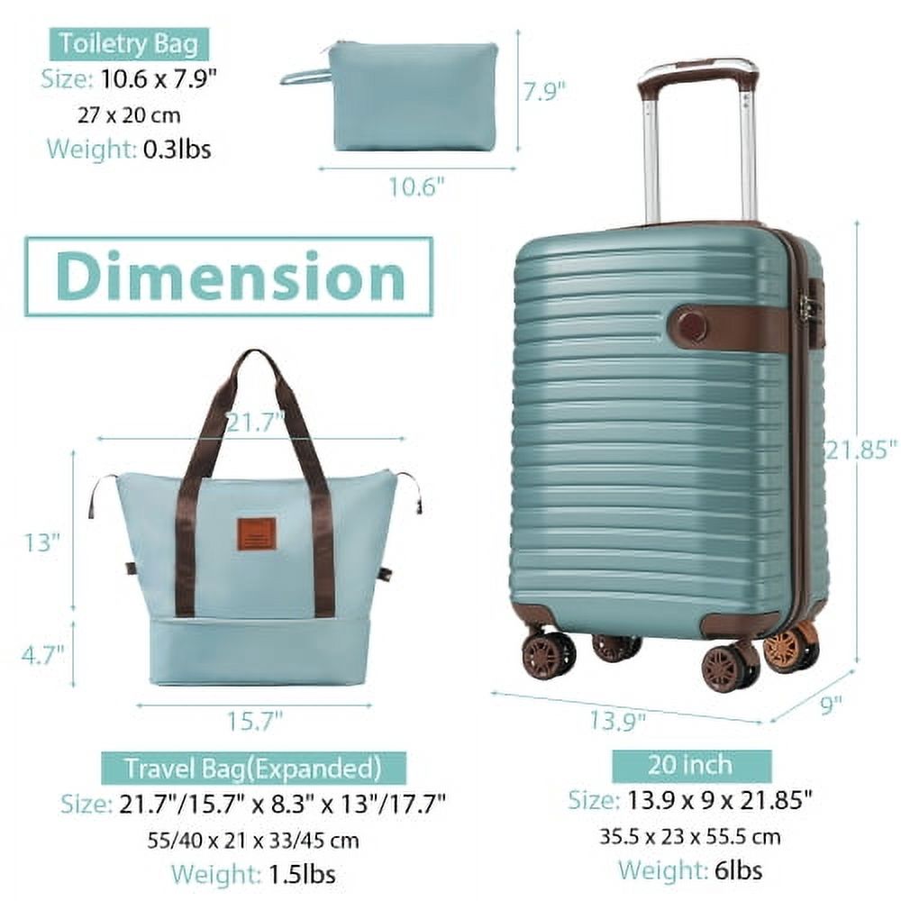 ACE-Travel,20" Carry on Luggage Sets(3PCS) Airline Approved with an Expandable Weekender Bag & a Toiletry Bag,Durable,Lightweight,ABS Hardshell Suitcases with TSA Lock,Wheels,TPE Elastic Handle(Blue)