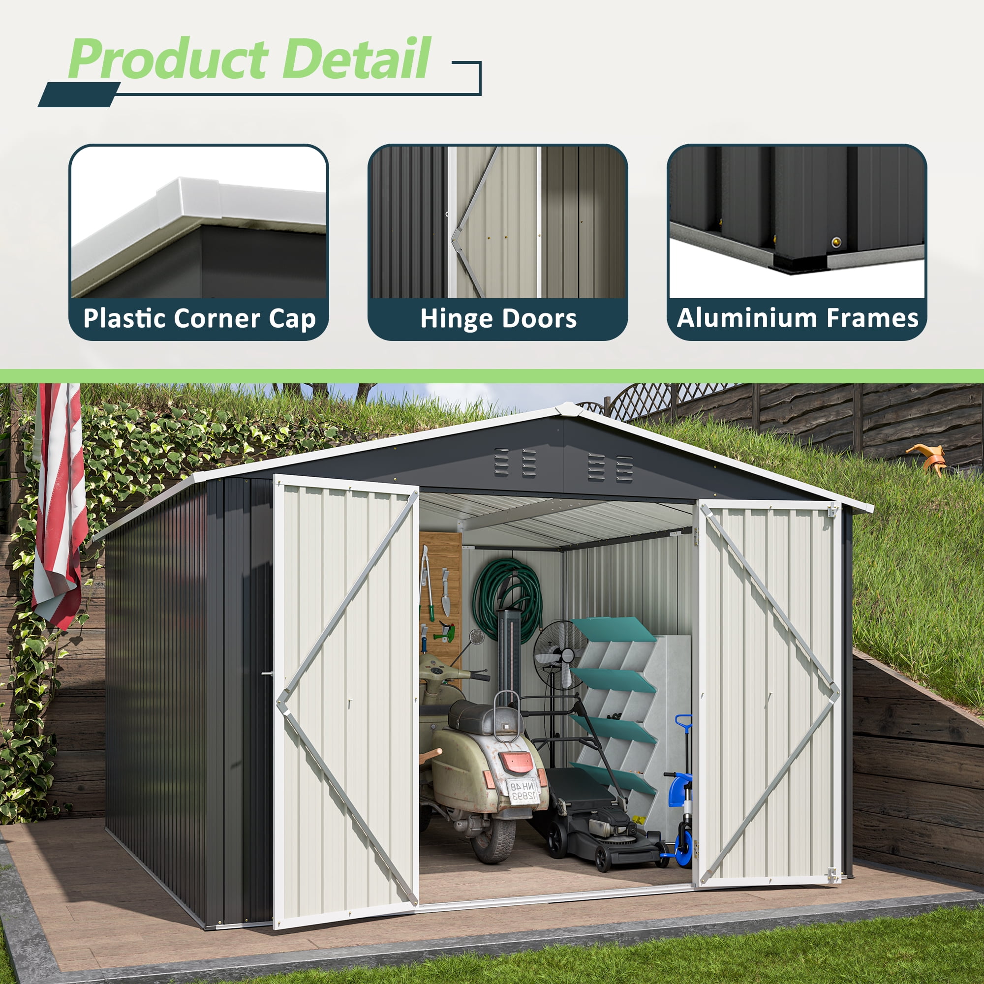 MAYEERTY 10x10FT Outdoor Utility Metal Storage Shed, Reinforced Frame & Ventilated Design, Lockable Waterproof Tool Shed for Backyard, Garden & Patio