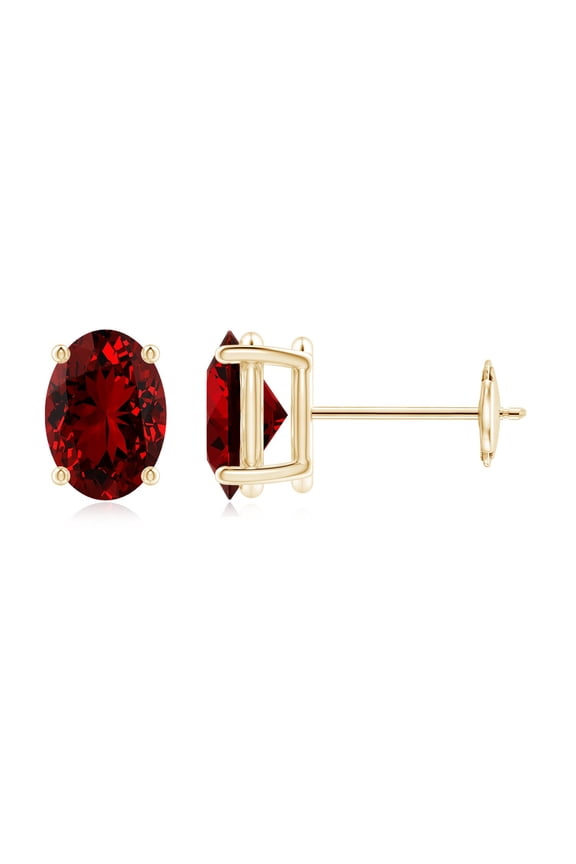 Lab Grown 2 Ct Prong-Set Solitaire Oval Ruby Stud Earrings for Women in 14K Yellow Gold (Size-7x5mm) | July Birthstone, Birthday, Anniversary, Jewelry Gift for Women | Lab-Grown Ruby Earrings