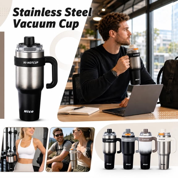 Tumbler Cup, 1200Ml Large Capacity Stainless Steel Tumbler with Straw, Insulated Coffee Tumbler with Leakproof Lid, Travel Coffee Mug with Handle for Car Use, Double Wall 304