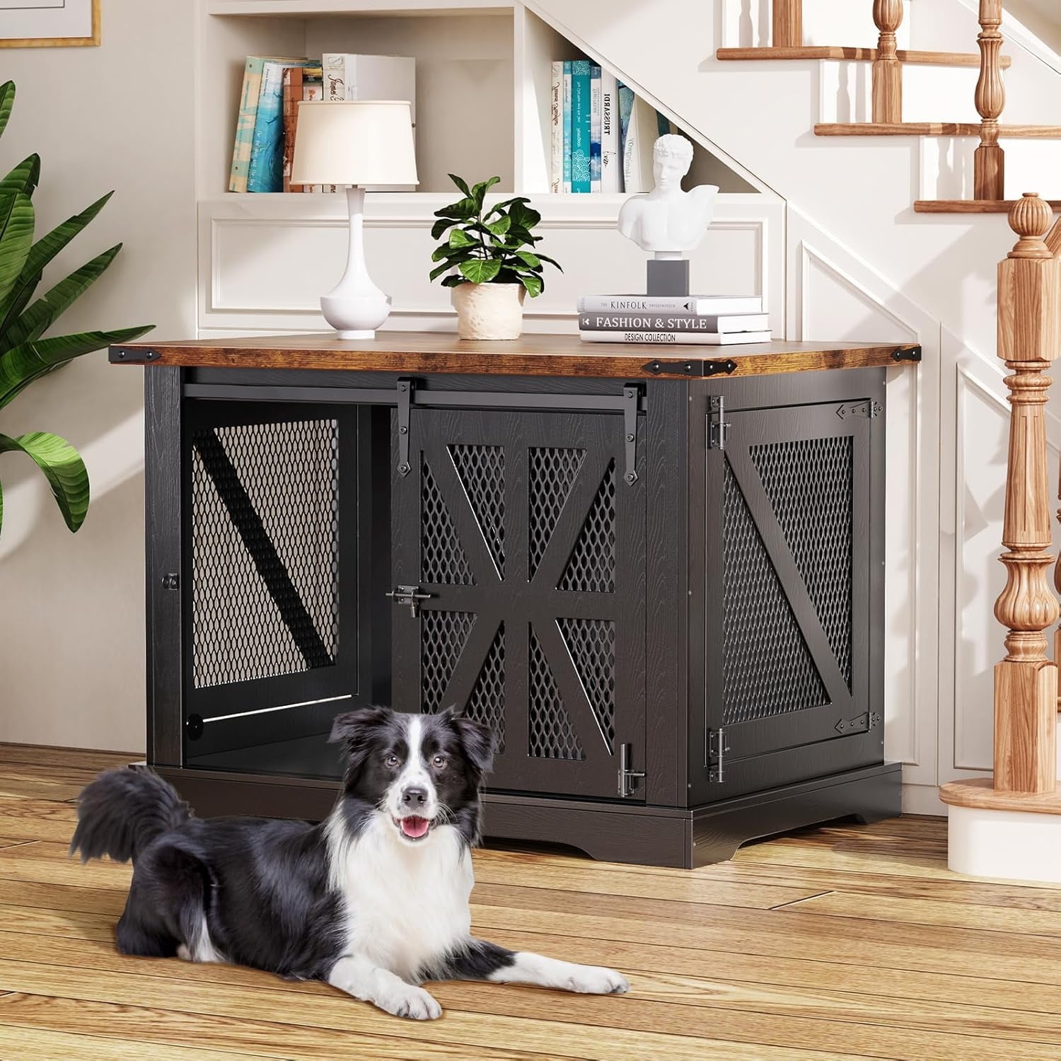 Flycity 39.4''Farmhouse Dog Crate Furniture with Sliding Door, Heavy Duty Dog Crate for Small Medium Dogs, Wooden Dog Kennel Indoor with 3 Doors, Decorative Pet House End Table for Living Room, Black