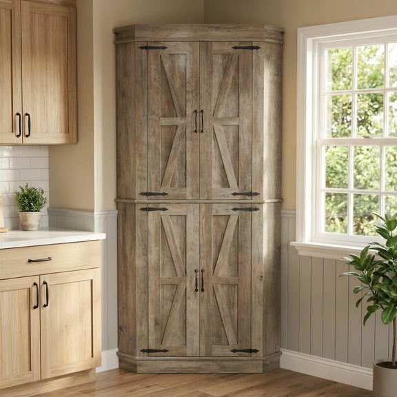 Panapinka 71 inch Corner Kitchen Pantry Cabinet, Farmhouse Freestanding Buffet Hutch with 4 Doors, Corner Bar Cabinet with Shelves&Side Rack, Tall Pantries with Storage for Dining Room