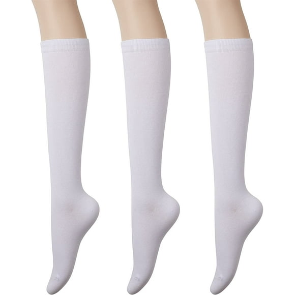 Women's Cotton Knee High Socks - Casual Solid & Striped Colors Fashion Socks 3 Pairs, White