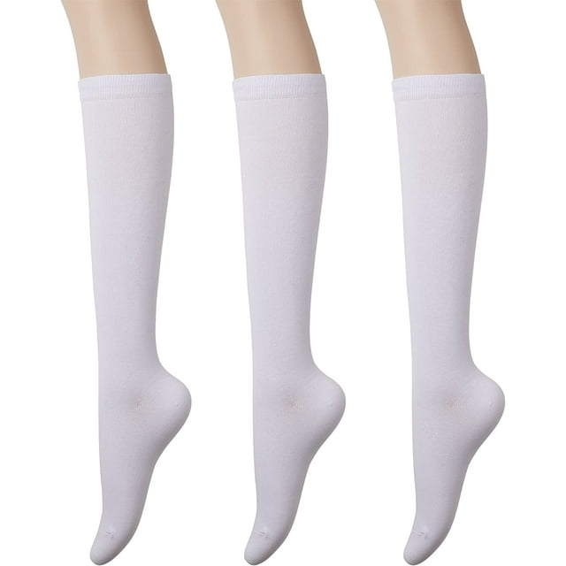 Calcetines altos de algodón para mujer - Calcetines casuales de colores lisos y a rayas, 3 pares, blancos